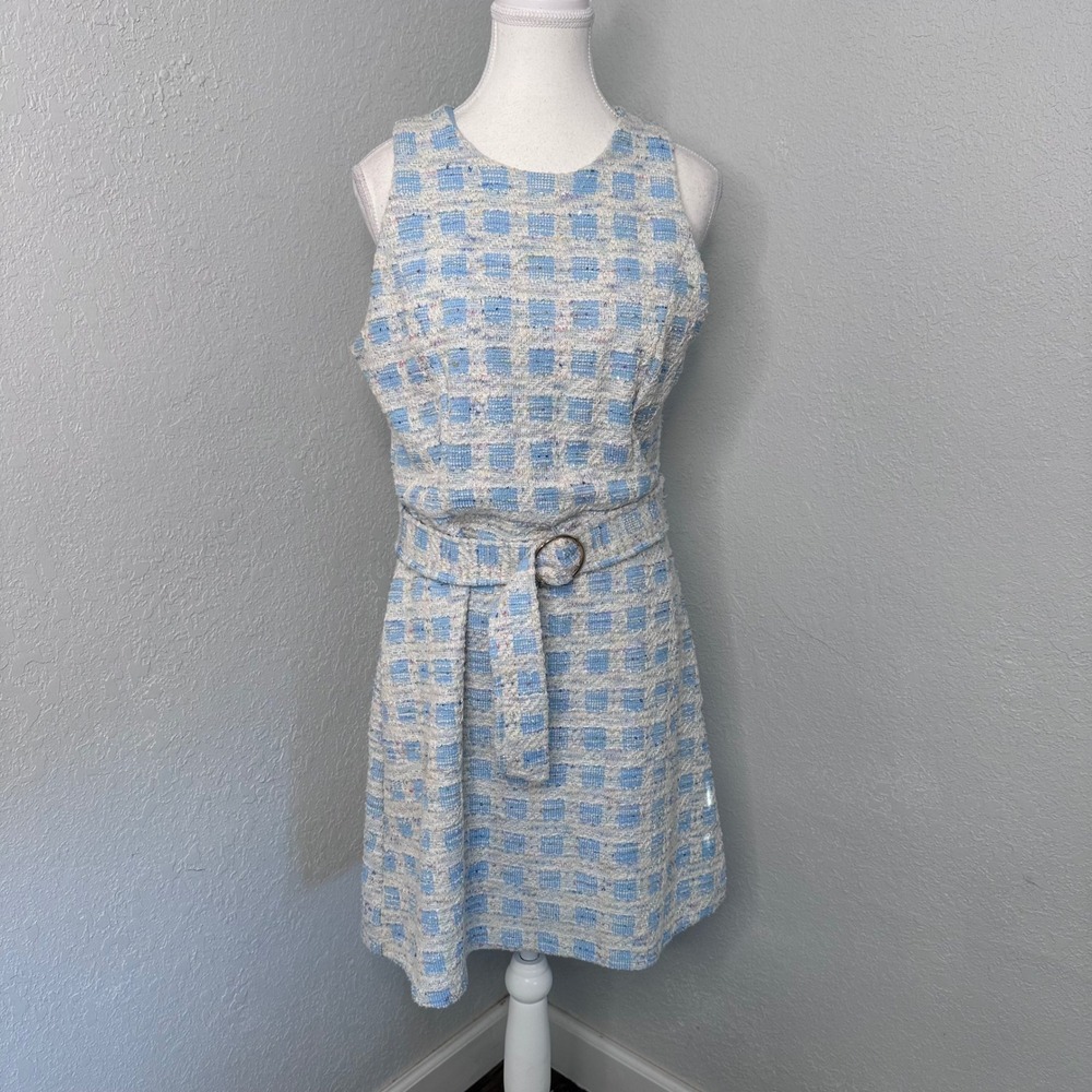 Taylor Womens Blue White Tweed Checkered Belted Sleeveless Shift Dress Size 10